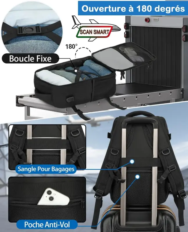 Ouverture à 180° du sac à dos cabine KLOSTAIN 20L