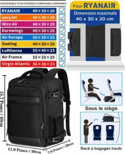 Sac à dos cabine KLOSTAIN 40x30x20 cm 24L – Noir