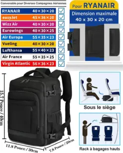 Sac à dos cabine KLOSTAIN 40x30x20 cm 24L – Noir
